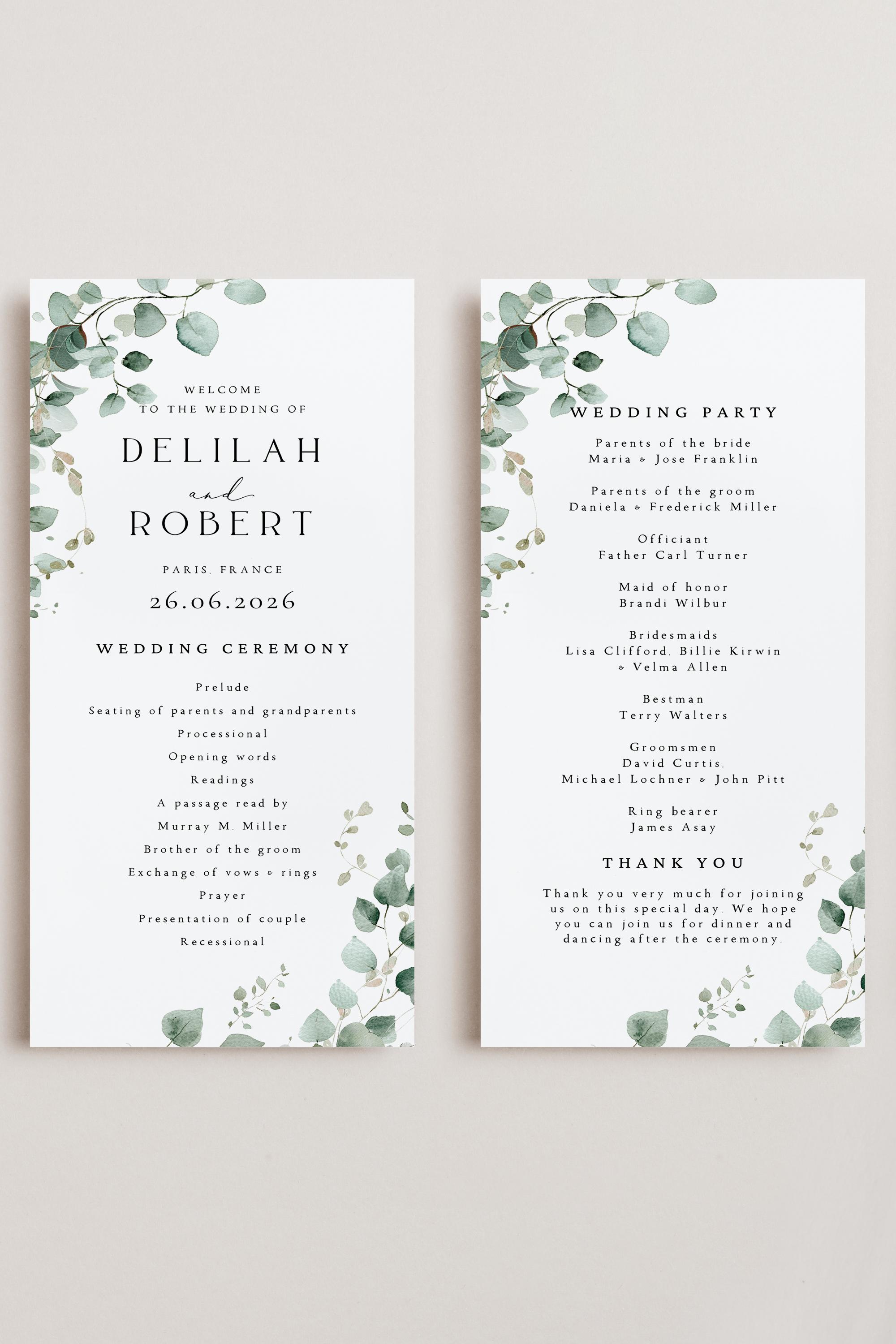 Programme Card Example Uk Wedding Program Cards: Elegant Greenery Ceremony Itinerary, Eucalyptus ...