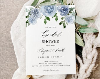 Blue Floral Bridal Shower Invitation, Pale Blue Bridal Invitation Template, Printable Bridal Shower Invitation, Edit with TEMPLETT, #ABGL