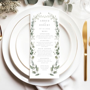 Greenery-Menü-Vorlage, Wildblumen Gartenparty-Menü, Grünes Blumen-Veranstaltungsmenü, Blumenkranz-Hochzeits-Menü, Grün Minimalist Floral, #AMB