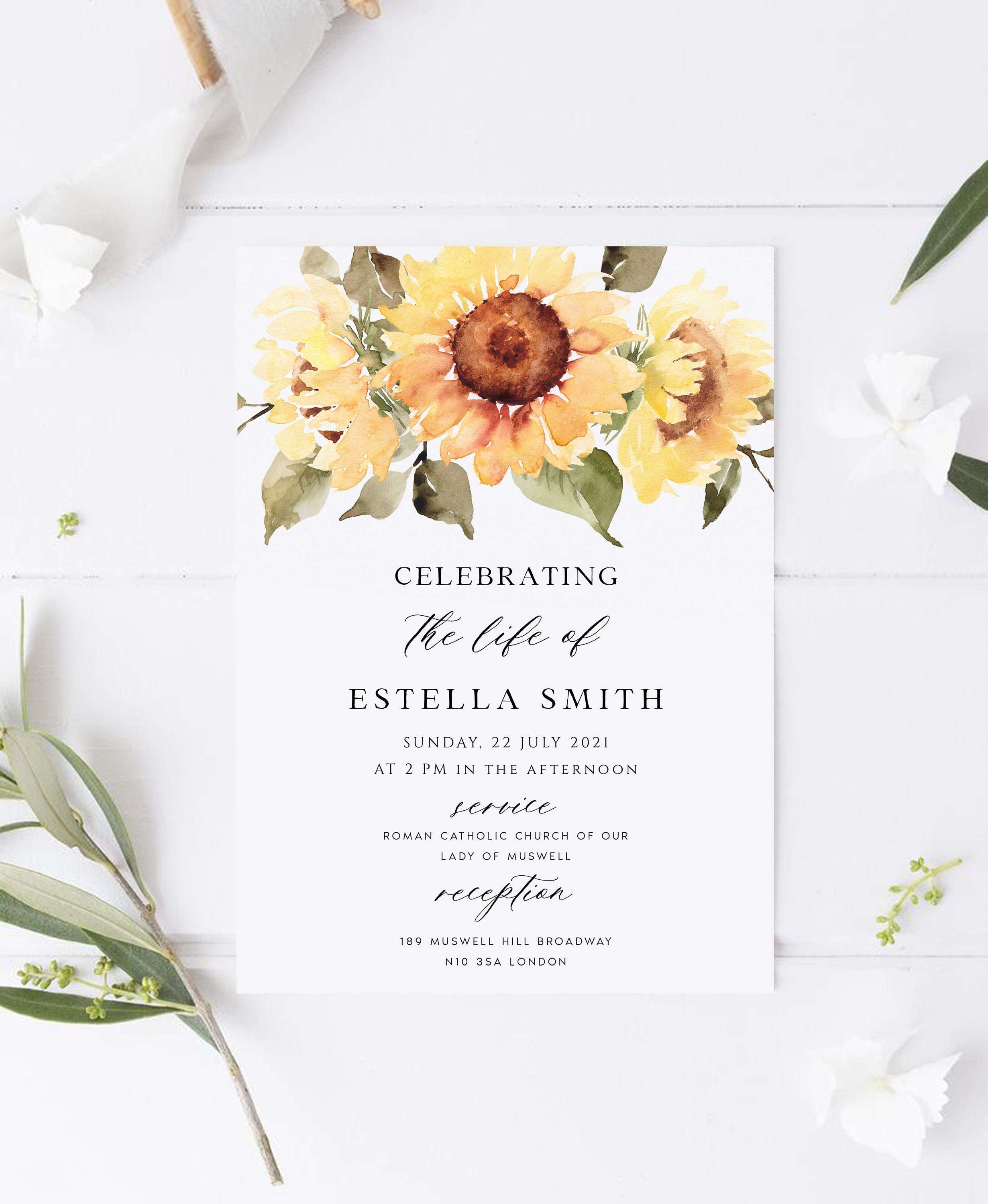 Sunflower Funeral Invitation Template, Boho Celebration of Life, Editable  Printable Memorial Service and Reception Card Template, #ESTLLA Intended For Funeral Invitation Card Template