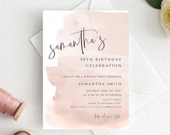 Pink Watercolor Birthday Invitation, Editable Party Invite (Digital Download) SAMAN