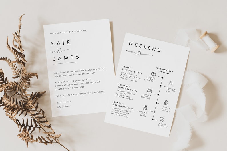 Modern Welcome Letter & Timeline Template, Minimalist Wedding Order of Events, Wedding Itinerary, INSTANT DOWNLOAD 100% Editable Text, KATE image 5