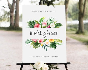 Tropical Bridal Shower Welcome Sign Template, Printable Beach Wedding Welcome Poster, Greenery & Pink, DIY, Instant Download, Templett, #HZL