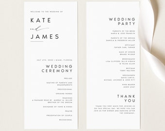 Modern Wedding Program Template, Minimalist Order of Service, Printable Ceremony, DIY Program Card, Instant Download, Editable Text, #KATE