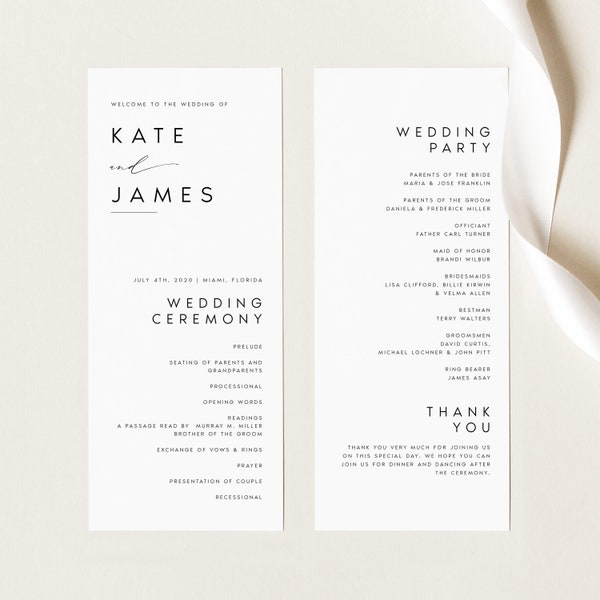 Plantilla de programa de boda moderno, orden de servicio minimalista, ceremonia imprimible, tarjeta de programa de bricolaje, descarga instantánea, texto editable, #KATE