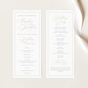 May include: Wedding ceremony programme with gold lettering on white paper. The programme includes the names Candace and Matthew, the date 4th July 2019, and the location Miami, Florida. The programme also includes the order of events for the ceremony.