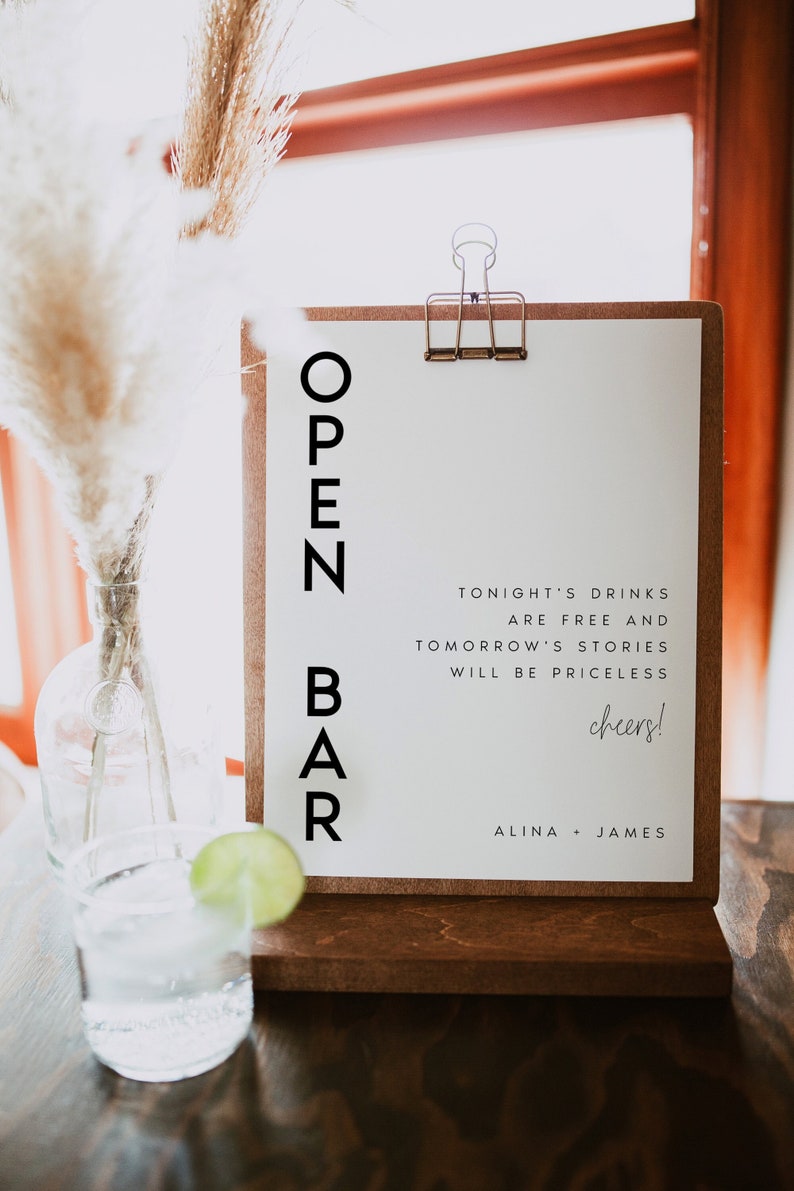 Wedding Open Bar Sign Template, Wedding Bar Sign, Modern Minimalist Wedding Signs, Alcohol Drink Sign, DIY, Editable, Templett, ALINA image 1