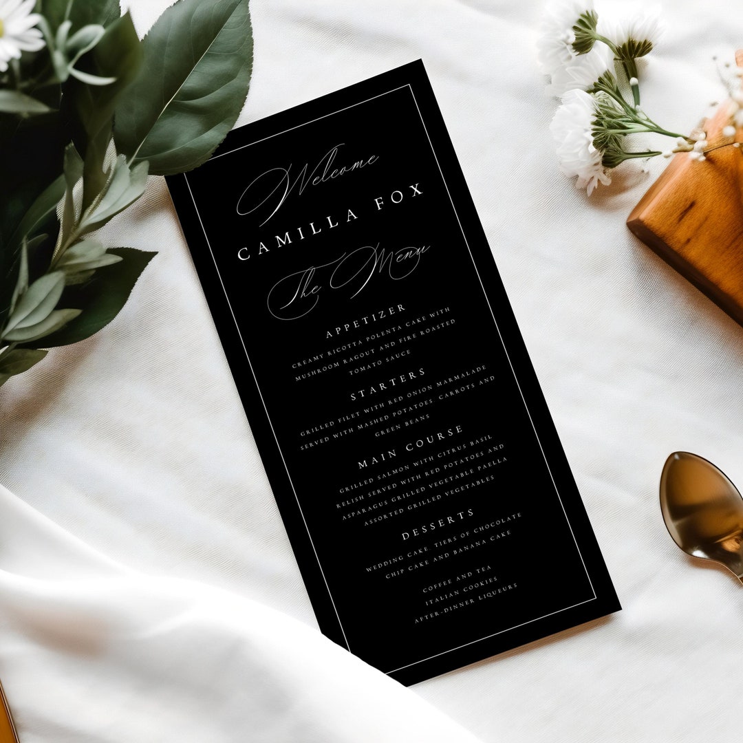 Black Menu Template Black Wedding Menu and Place Card Printable Black Menu Template Black Wedding Menu and Place Card Printable
