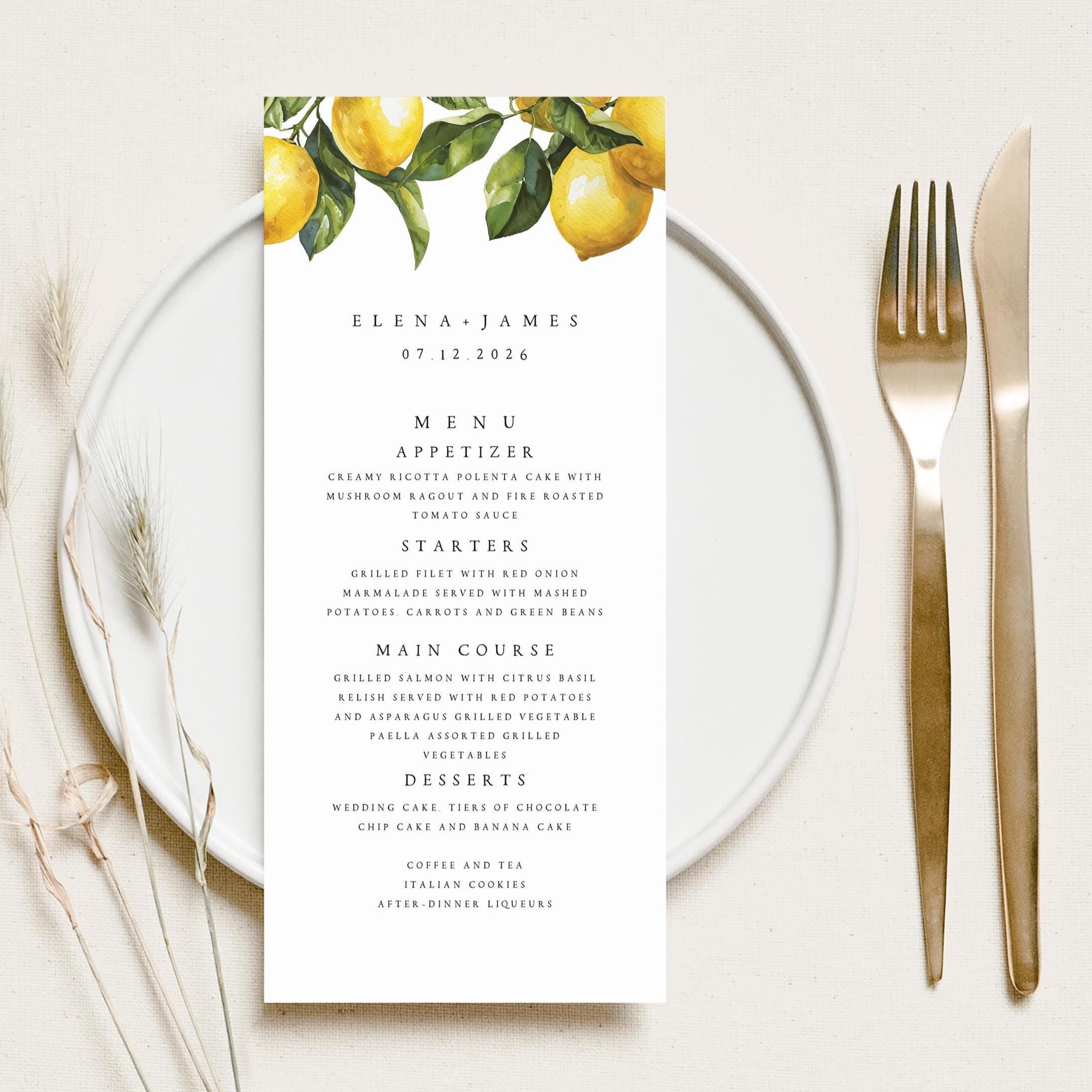Lemon Menu Printed Lemon Wedding Menus: Citrus, Yellow, Mediterranean Personalised ...