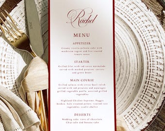Cardápio e cartão de nome para casamento em tom bordô, menus de jantar elegantes impressos com marcador de lugar, menus de casamento minimalistas personalizados - MENU009