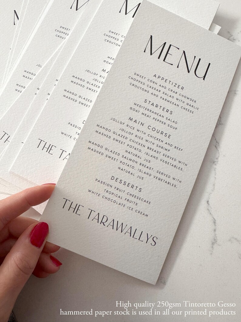 Wedding Menu Cards Printed, Modern and Minimalist Professionally Printed Event Wedding Dinner Menu, 300gsm Hammered Cardstock, #ANYA image 8