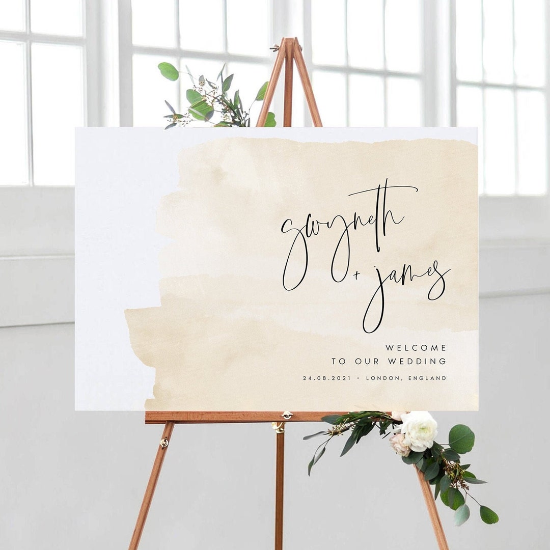 Beige Horizontal Wedding Welcome Sign, Modern Watercolor Wedding ...