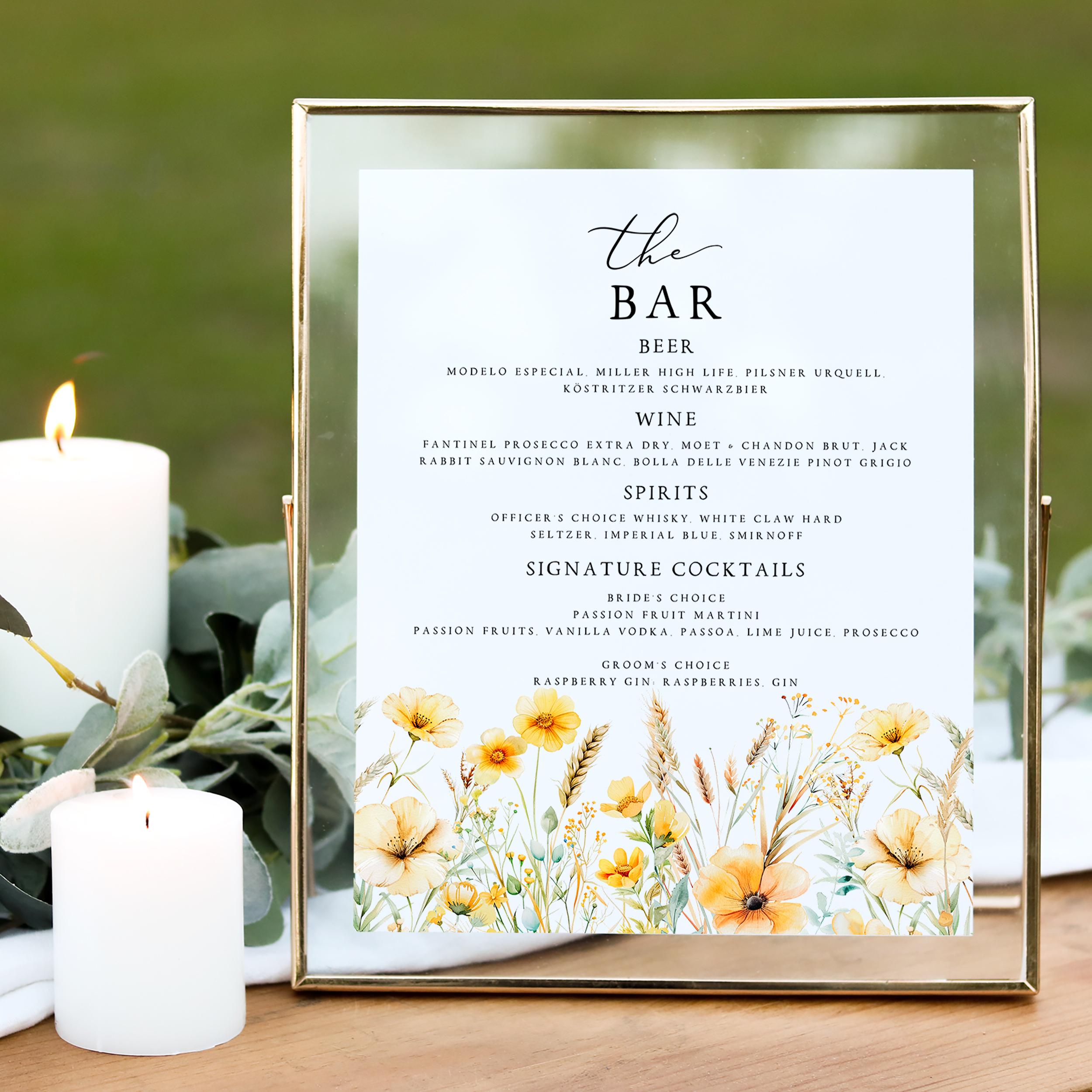 Canva Wedding Bar Sign Template: Yellow Wildflower Summer Florals ...