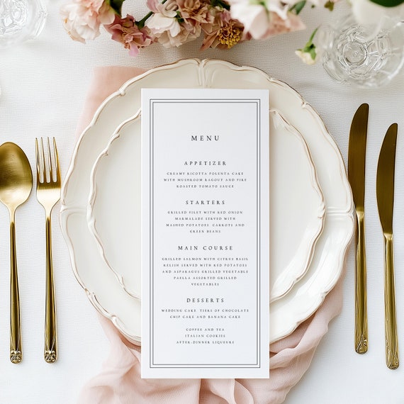Wedding Menu Cards Printed, Modern and Minimalist Professionally Printed Event Wedding Dinner Menu, 300gsm Hammered Cardstock, #ANYA