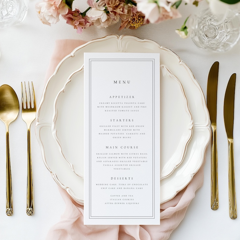 Wedding Menu Cards Printed, Modern and Minimalist Professionally Printed Event Wedding Dinner Menu, 300gsm Hammered Cardstock