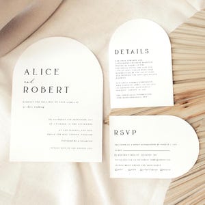 Bogenförmige Hochzeitseinladung, gedruckte Hochzeit einladen Karten, gewölbte minimalistische Hochzeitseinladungen, Detailkarten, QR-Code Antwortkarte, #ALC