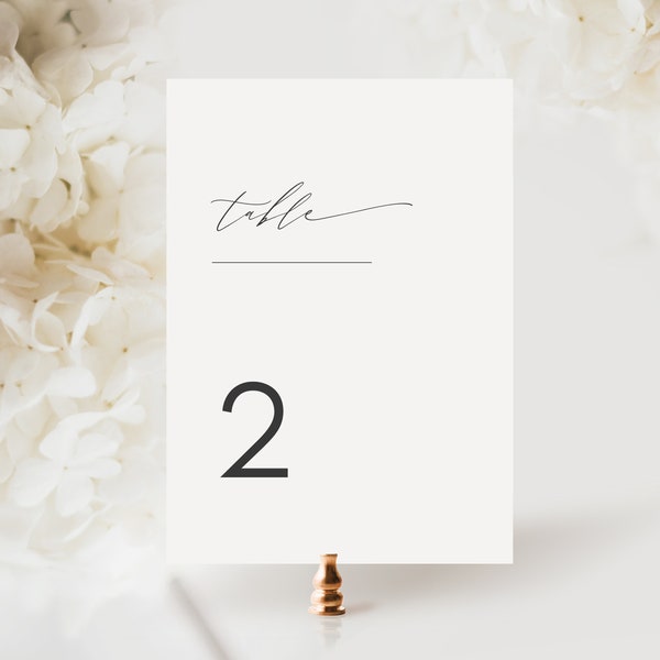 Modèle de numéro de table de mariage moderne, imprimable, Script, minimaliste, simple, élégant, modifiable, téléchargement numérique, instantané, Templett, #KATE