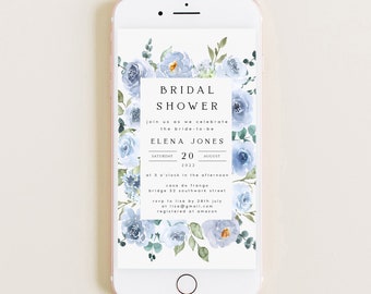 Floral Bridal Shower Evite, Dusty Blue, Text Message Bridal Shower Invitation, Electronic Bridal Shower, Instant Download, #ELENA