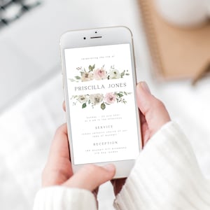 May include: A digital invitation with a floral design in shades of pink and white. The text reads "celebrating the life of PRISCILLA JONES" and includes details for a service and reception.