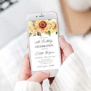 Sunflower Einladung zur Geburtstagsparty, rustikale Online-Geburtstagsfeier einladen, digitaler Download Textnachricht Evite, #ESTLLA
