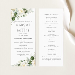 Modello di programma di matrimonio floreale bianco da scaricare, elegante programma della cerimonia con eucalipto, ordine del servizio, stampabile e modificabile su Canva, MARGOT3