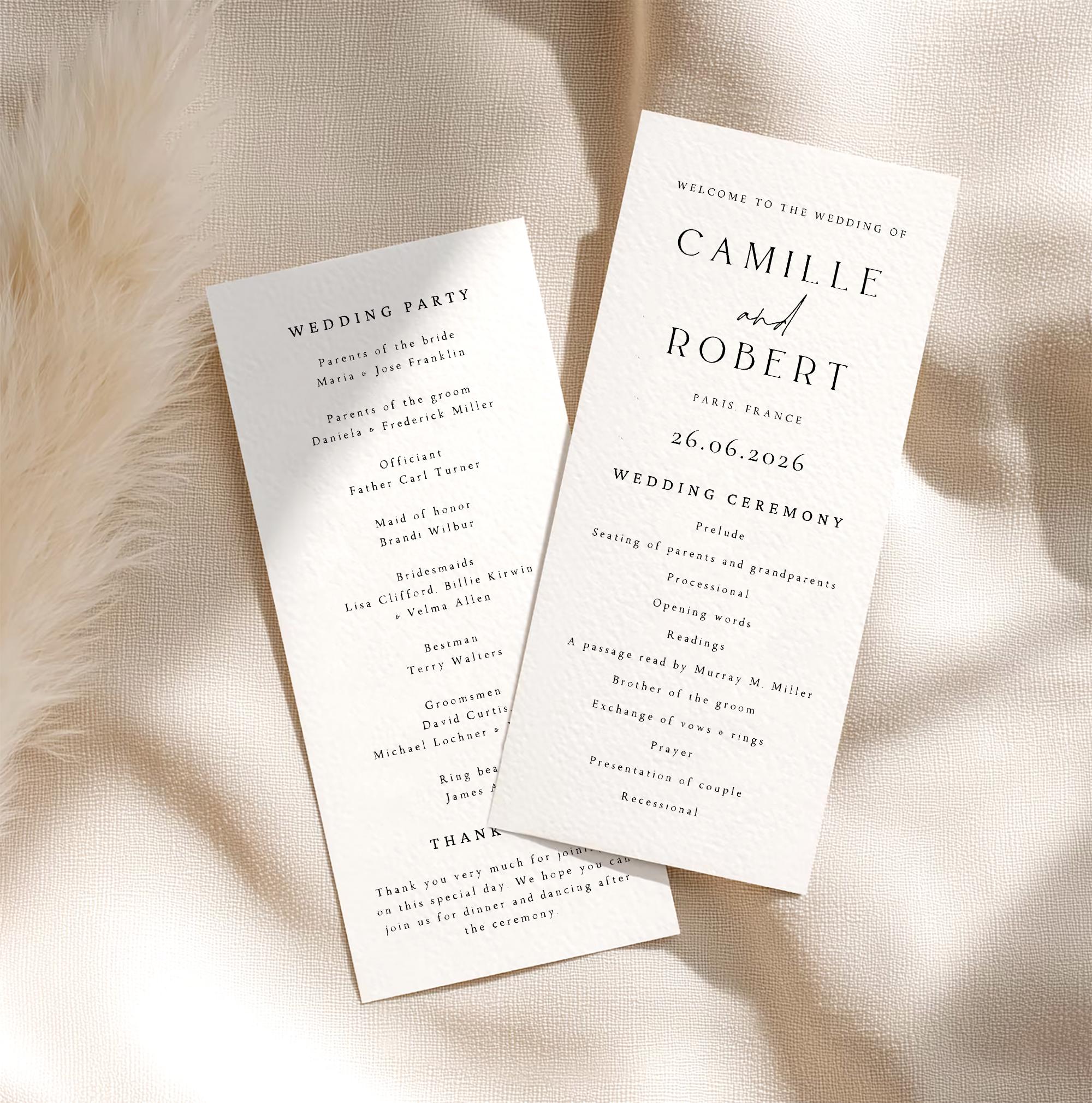 Programme Card Example Uk Minimalist Wedding Program Cards Printed Elegant Wedding Ceremony ...