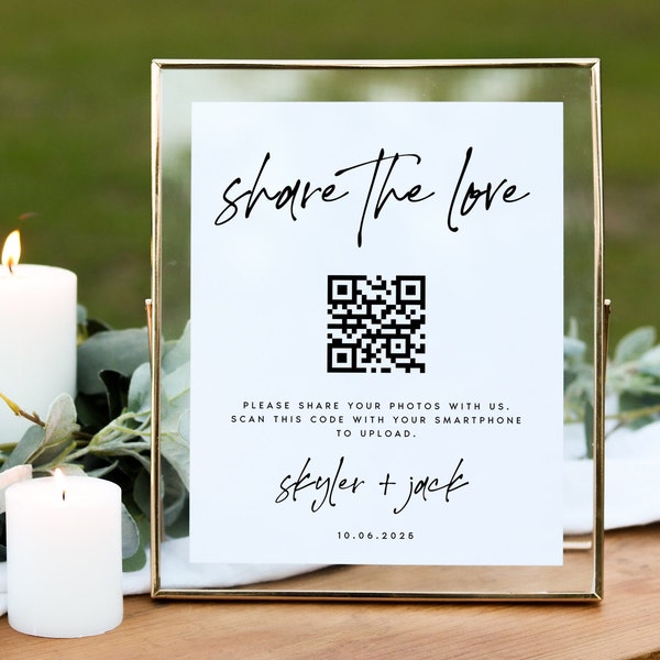 Teilen Sie die Love QR Code Sign Template, 5x7 und 8x10 Fotoalbum Teilen Sie QR Code, Photo Sharing App, Google Fotos, bearbeitbar, Templett, #SKR