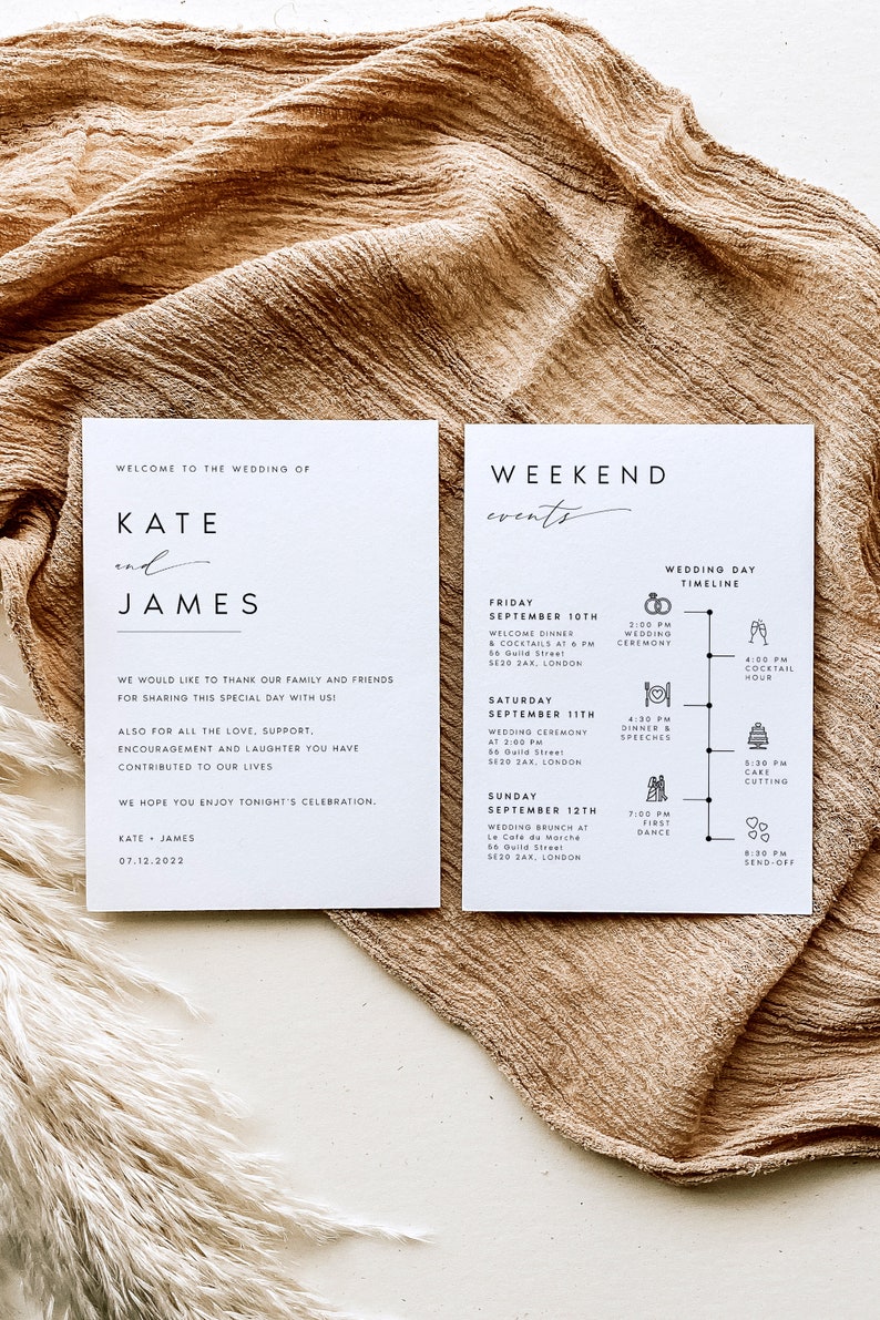Modern Welcome Letter & Timeline Template, Minimalist Wedding Order of Events, Wedding Itinerary, INSTANT DOWNLOAD 100% Editable Text, KATE image 4
