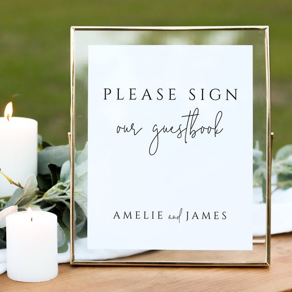 Modern Guestbook Sign Template, Script Wedding Signs, Minimalist Editable Tabletop Sign, Printable, Instant Download, DIY, Templett, #AMELIE