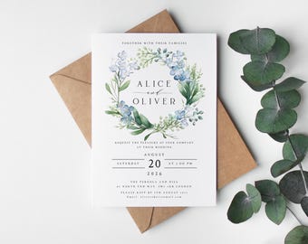 Blue Flower Wedding Invitation, Floral Wedding Invitation, Dusty Blue Wedding Invite, Summer or Spring Invite Printed on Textured Paper #028