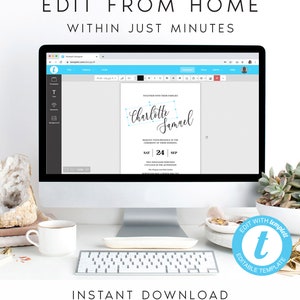 May include: A computer screen displaying a wedding invitation template with the text "Together with their families, Charlotte & Samuel, Saturday, September 24th, Two Thousand Nineteen, 3 o'clock in the afternoon, The Magnolia and Hill Garden" on a white background. The screen is surrounded by a blue border and the text "Edit with Templett, Editable Template" is visible in the lower right corner of the image.