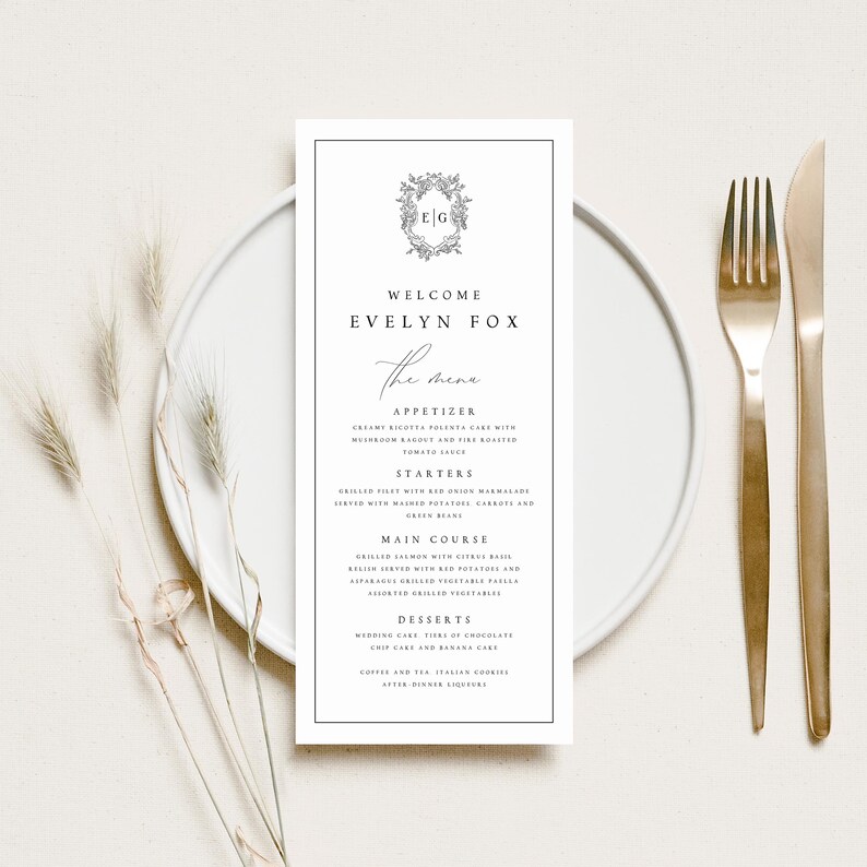 Roasted Monogram Monogram Crest Wedding Menu Template, Printable Dinner Menu (digital ...