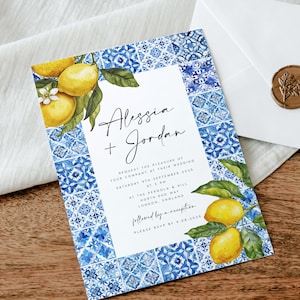 Italian Wedding Invitation Template, Mediterranean Blue Tile Invite, Printable Lemon Invitation, Instant Download, Citrus, Positano, #ALS