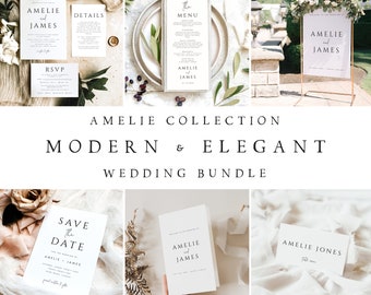 Op de afbeelding: Een bruiloftstationery-pakket met een modern en elegant ontwerp. Het pakket bevat een save-the-date-kaart, een uitnodiging, een RSVP-kaart, een detailkaart en een menukaart. De kaarten hebben een minimalistisch ontwerp met een eenvoudig lettertype en een delicate bloemenillustratie.