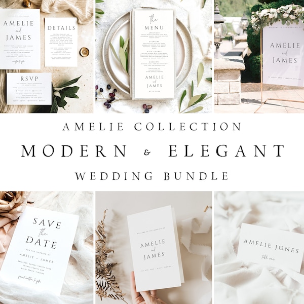 Modern & Elegant Wedding Bundle, Minimalist Wedding Invitation Set, Editable Templates Wedding Stationery Instant Download Templett, #AMELIE