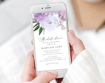 May include: A purple and white floral bridal shower invitation with the text "Bridal Shower" and "Join us as we celebrate Bride-to-be Marilyn Jane" on a white background.