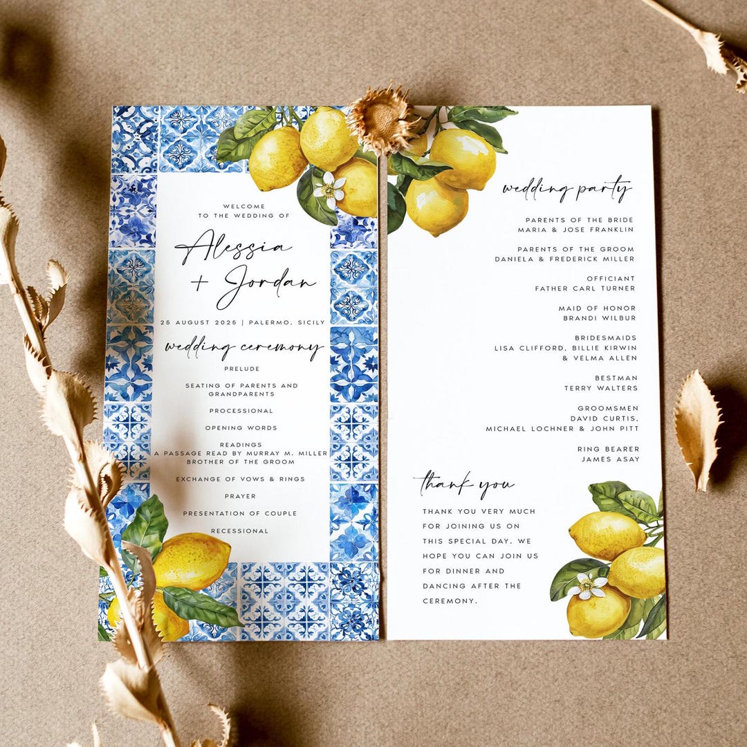 Lemon Citrus Wedding Program, Mediterranean Tile, Printable Order of ...