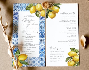 Lemon Citrus Wedding Program, Mediterranean Tile, Printable Order of Service (Instant Download) ALS