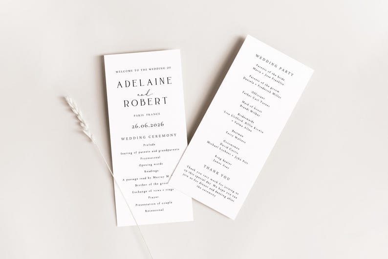 May include: Two white wedding ceremony programs with black text. The left program reads "Welcome to the Wedding of Adeline et Robert" and includes the date "26.06.2016". The right program lists the wedding party and a thank you message.