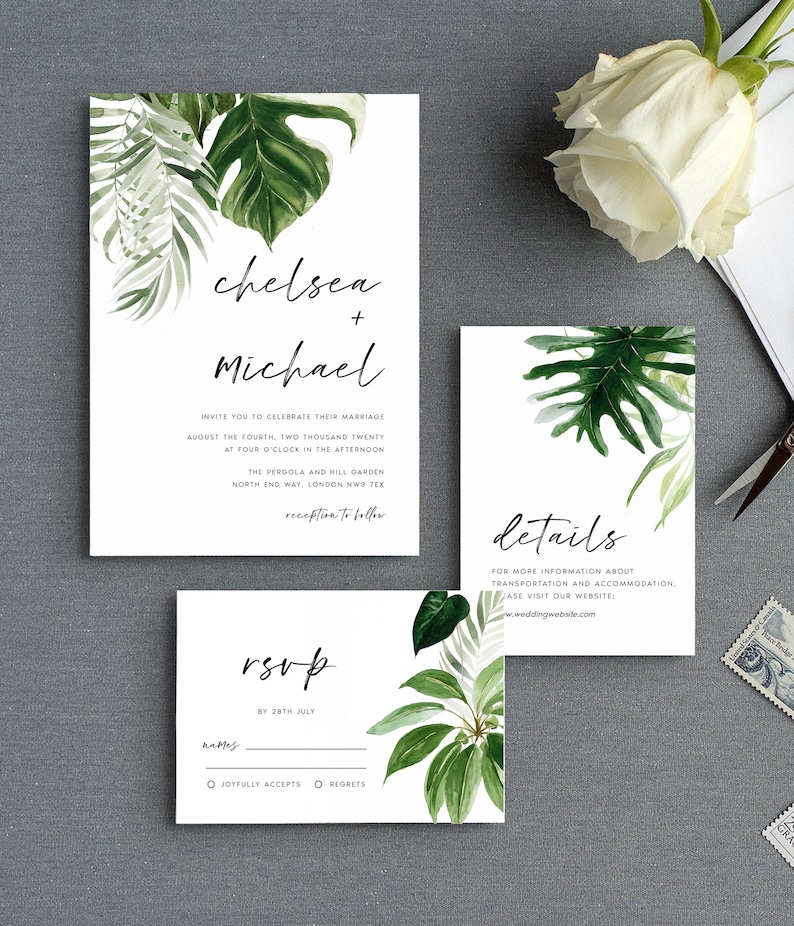 #TR365P Templett Tropical Beach Wedding Invitation Set Template with Rsvp and Details Card DIY 100/% Editable Template INSTANT DOWNLOAD
