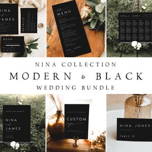 Modern Wedding Bundle, Minimalist Wedding Invitation Set, BLACK Editable Templates Wedding Stationery, Instant Download, Templett, #NINA