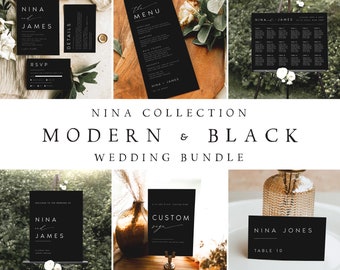 Modern Wedding Bundle, Minimalist Wedding Invitation Set, BLACK Editable Templates Wedding Stationery, Instant Download, Templett, #NINA