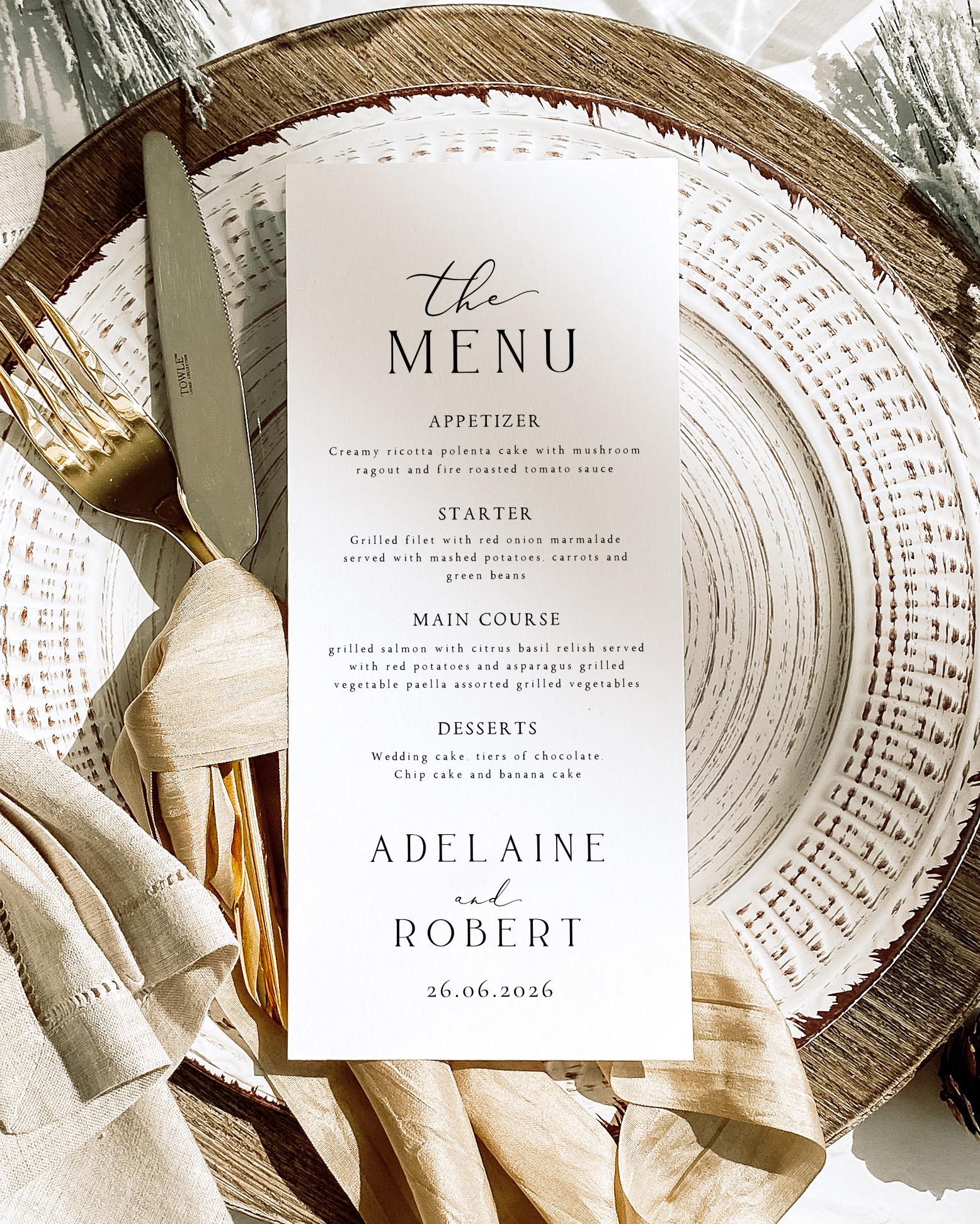 Modern Menu Writing Personalised Modern Wedding Menu Card, Printed Elegant Dinner Menus ...