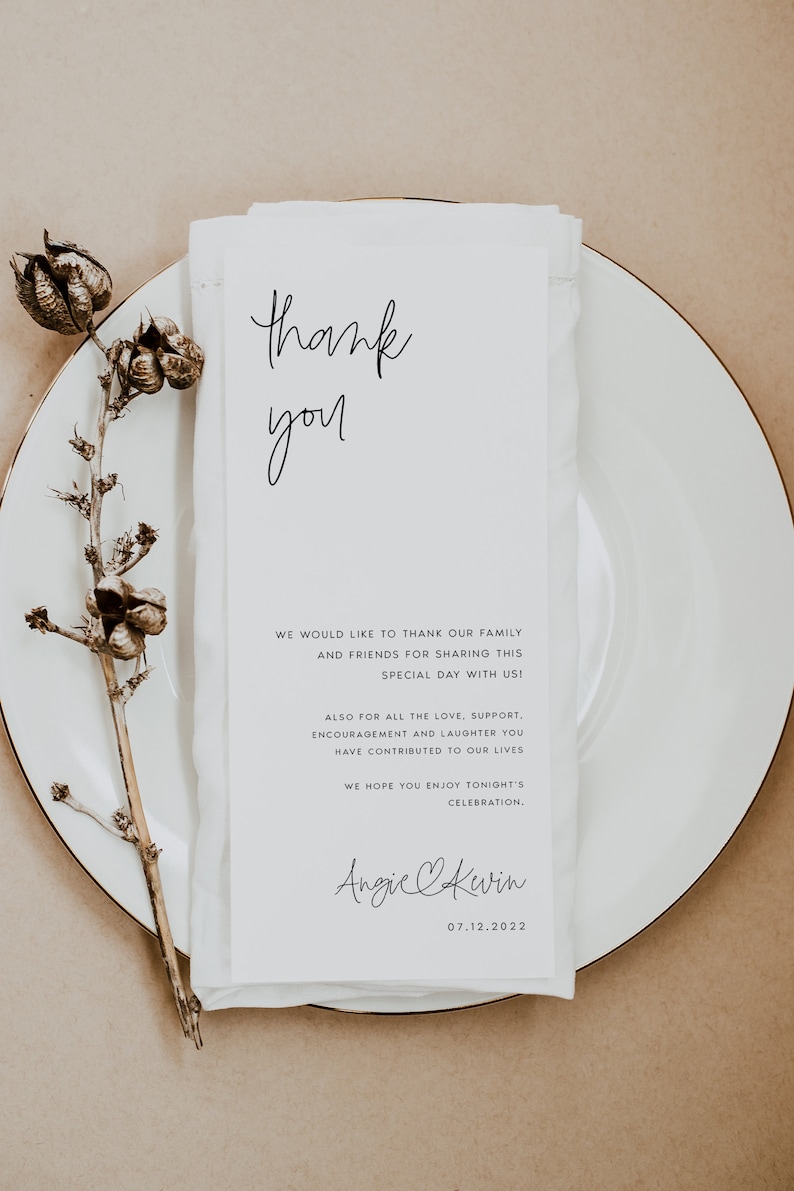 Modern Wedding Table Thank You Card Template, Minimal Printable Thank You Cards, Calligraphy, Script, Instant Download, Templett, ANGIE image 2