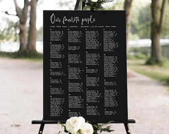 Puede incluir: Plano de asientos de boda negro con texto blanco. El gráfico está titulado "Nuestra gente favorita" y enumera los nombres de los invitados alfabéticamente por mesa. El gráfico está en un caballete negro.