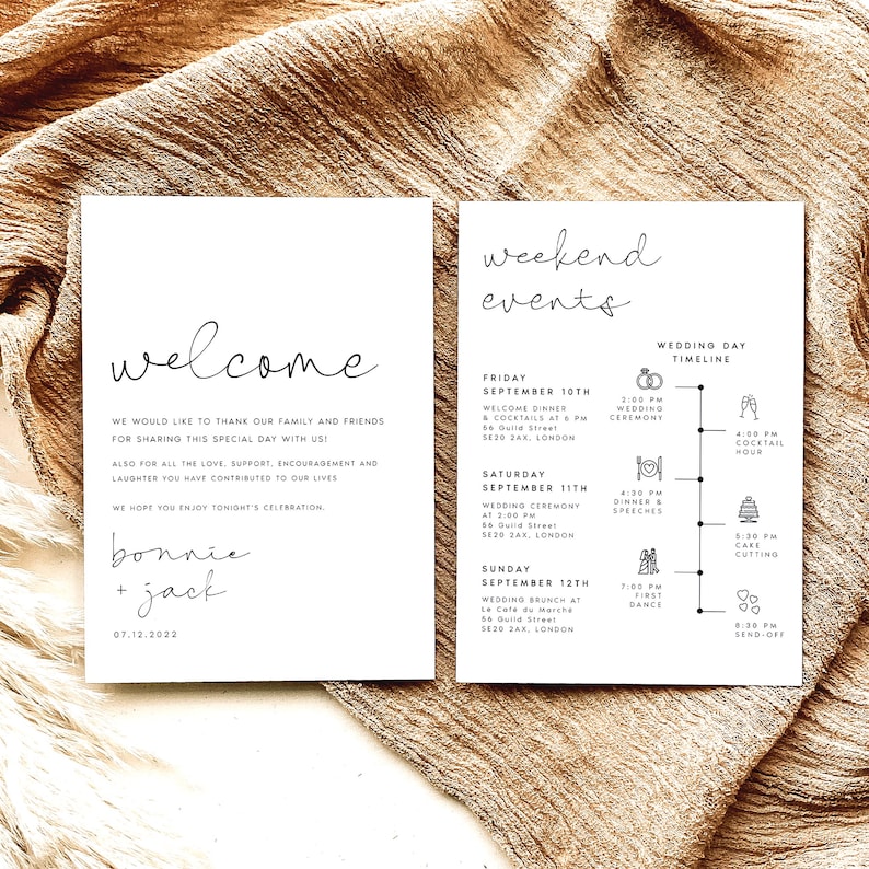 Modern Wedding Itinerary Template, Wedding Weekend Timeline, Schedule of Events, Editable, Printable, Digital Download, TEMPLETT