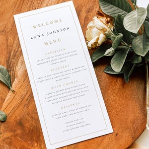 Sjabloon bruiloftsmenu downloaden, bruiloftmenukaarten, menusjabloon, trouwmenu's, minimalistisch, modern, dinermenu, direct downloaden, #LANA