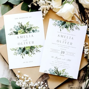 Invitaciones de boda con vegetación, invitaciones de boda con acuarela, sobres kraft o blancos, papel mate texturizado, estilo rústico bohemio n.° 002