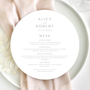 Okrągłe karty menu weselnego, Okrągłe karty menu, Nowoczesne minimalistyczne menu z teksturą papieru, Menu na baby shower, Menu urodzinowe, Menu na imprezę, #ALC