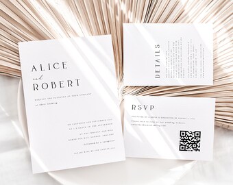 May include: A minimalist wedding invitation suite with white cards and black text. The invitation card features the names "Alice and Robert" and details about the wedding ceremony and reception. The RSVP card includes a QR code for guests to respond.